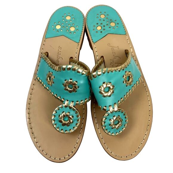 Jack Rogers Nantucket Gold Thong Sandal Flip Flop Caribbean Blue 6 Beachy - Picture 1 of 9
